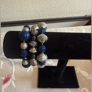 Elegant Silver and Blue Beaded Bracelet Set